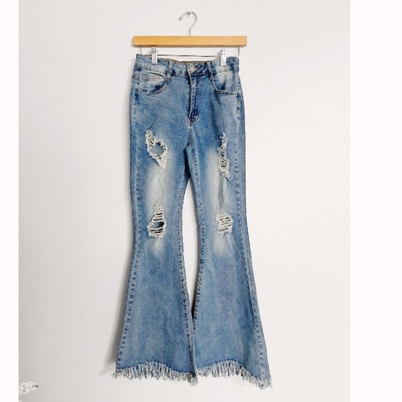 Flare Fringe Frayed Tassel Hem Hippie Woodstock Distressed Jeans - Picture 1 of 2